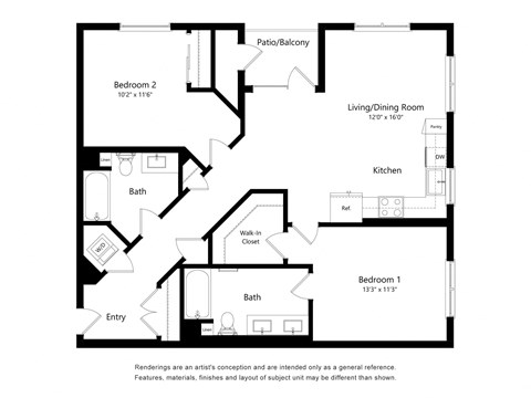 Floor plan for 2 beds, 2 baths, 1118 sqft
